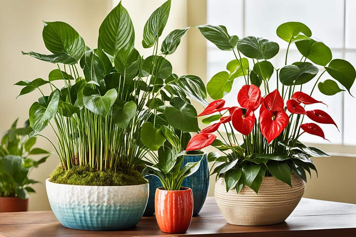 Antúrio em flor vermelha contrastando com folhagem verde-escura