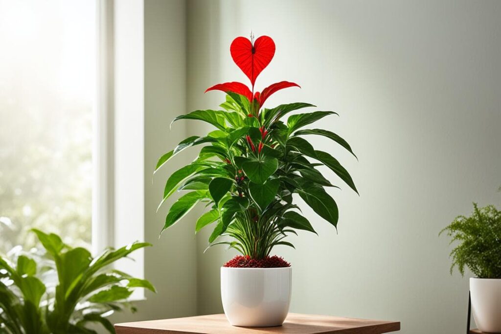 Antúrio vermelho vibrante em vaso branco sobre mesa de madeira