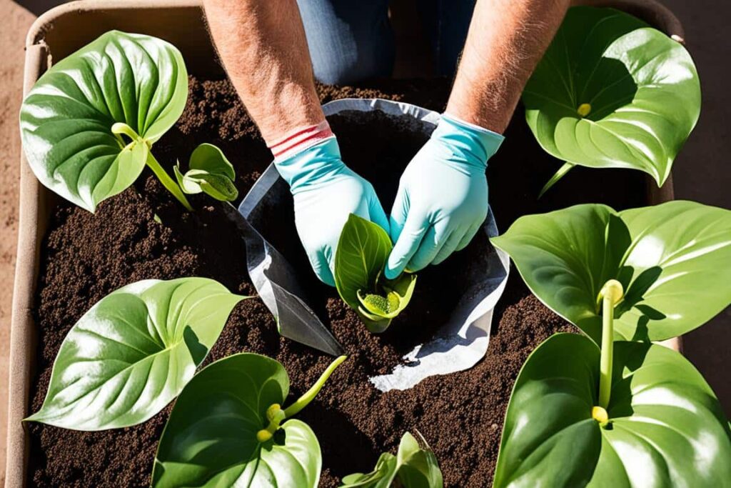 Mãos plantando um Antúrio em solo fértil