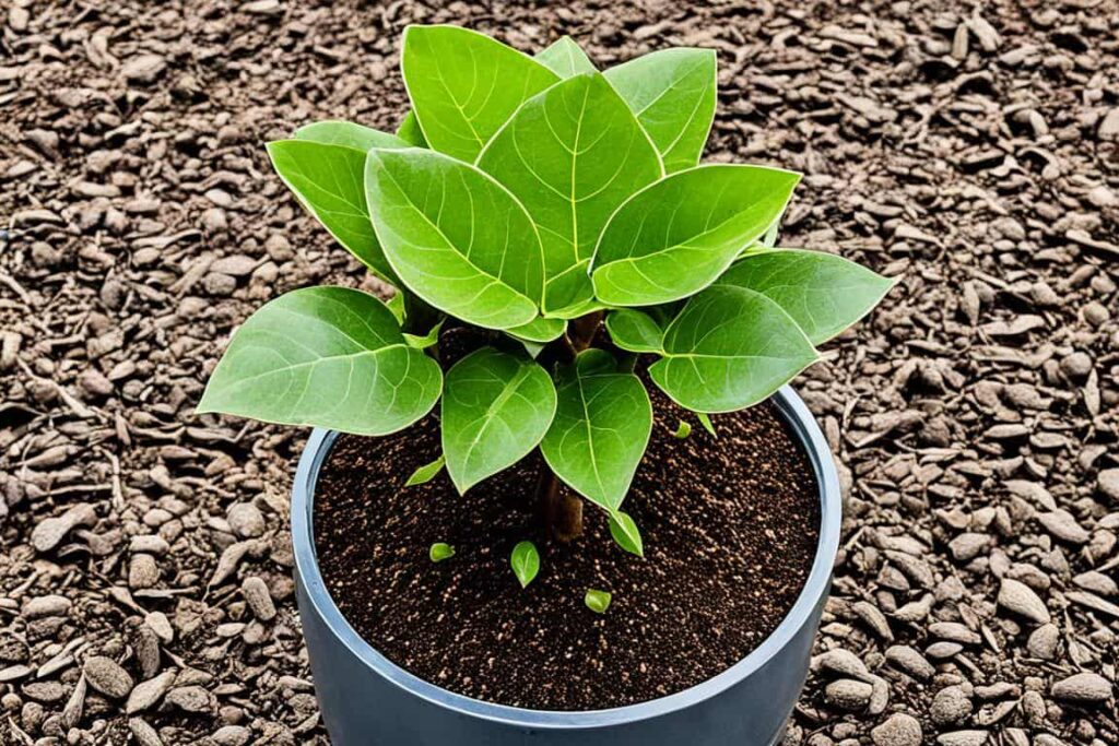 um vaso de cimento escuro com uma muda formada da planta ficus hyrata