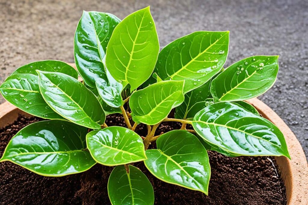 Um vaso de cerâmica com uma muda bem bonita de ficus lyrata