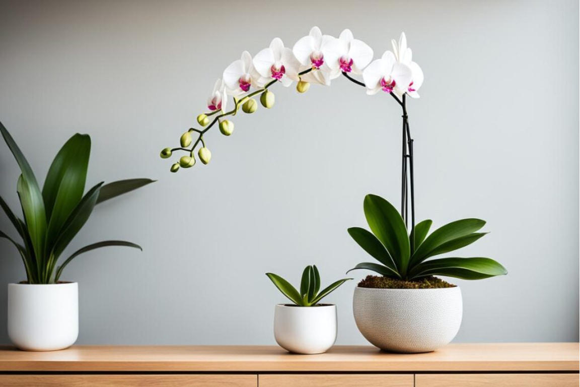 Decoração com orquídea branca em vaso branco sobre uma mesa de madeira na sala, trazendo elegância e naturalidade ao ambiente