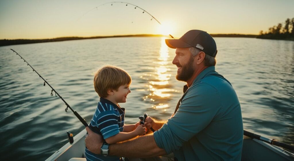 imagem de um pai com um filho de barco pescando