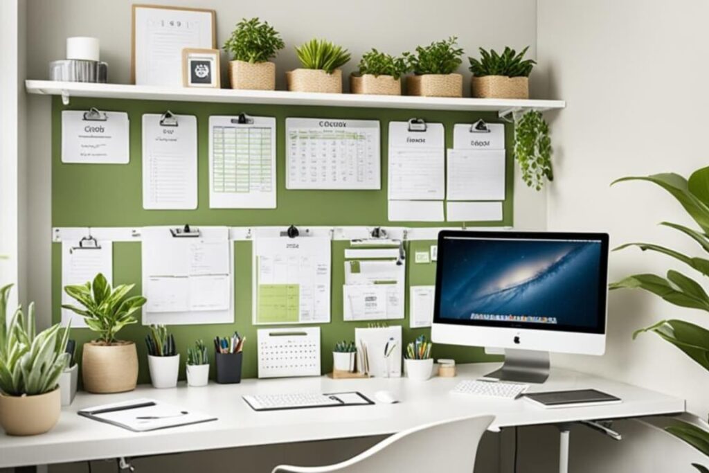 Home office organizado com laptop, caderno e plantas para produtividade e conforto.