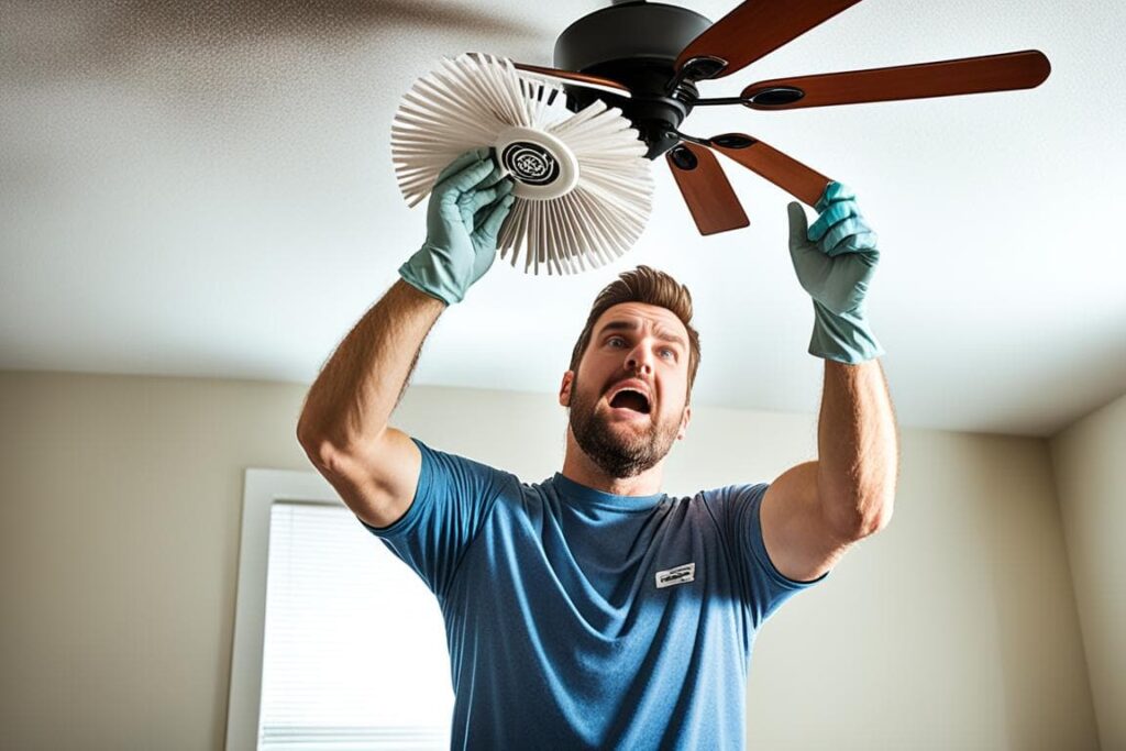 Imagem de um homem usando luvas azuis, limpando um ventilador de teto com um espanador. O homem está alcançando as pás do ventilador, removendo a poeira acumulada. Esta cena enfatiza a importância de limpar regularmente o ventilador de teto para evitar a circulação de poeira e melhorar a qualidade do ar no ambiente doméstico.