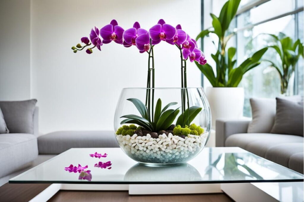 Orquídea lilás em vaso de vidro oval transparente, sobre uma mesa de vidro na sala, adornada com pedrinhas brancas, adicionando charme e delicadeza ao ambiente